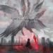 Anime Girl Facing Six Winged Angel Live Wallpaper 10 Anime girl holding a glowing red sword while facing a gigantic six-winged white angel above a ruined city with broken concrete pillars, crimson energy, and stormy gray skies in a 4K live wallpaper.