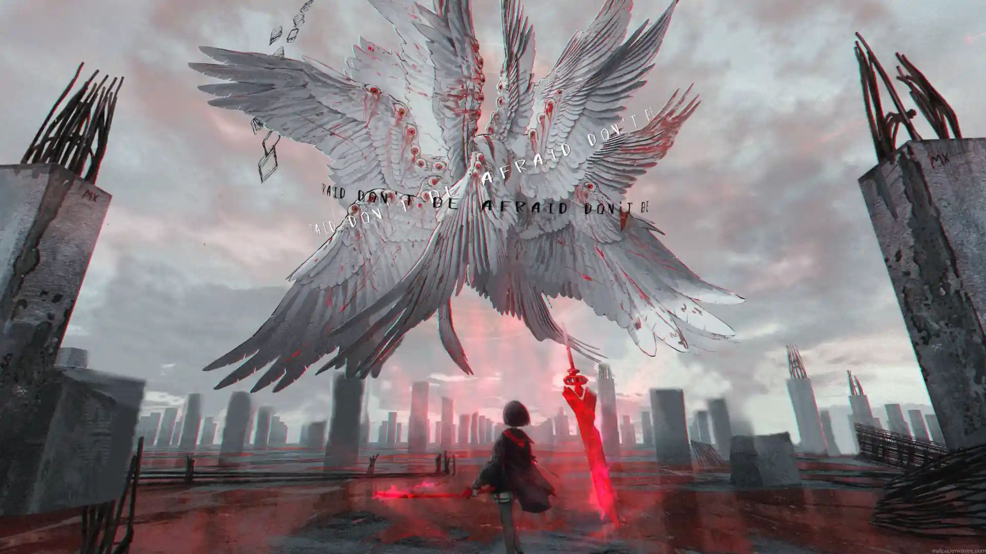 Anime girl holding a glowing red sword while facing a gigantic six-winged white angel above a ruined city with broken concrete pillars, crimson energy, and stormy gray skies in a 4K live wallpaper.