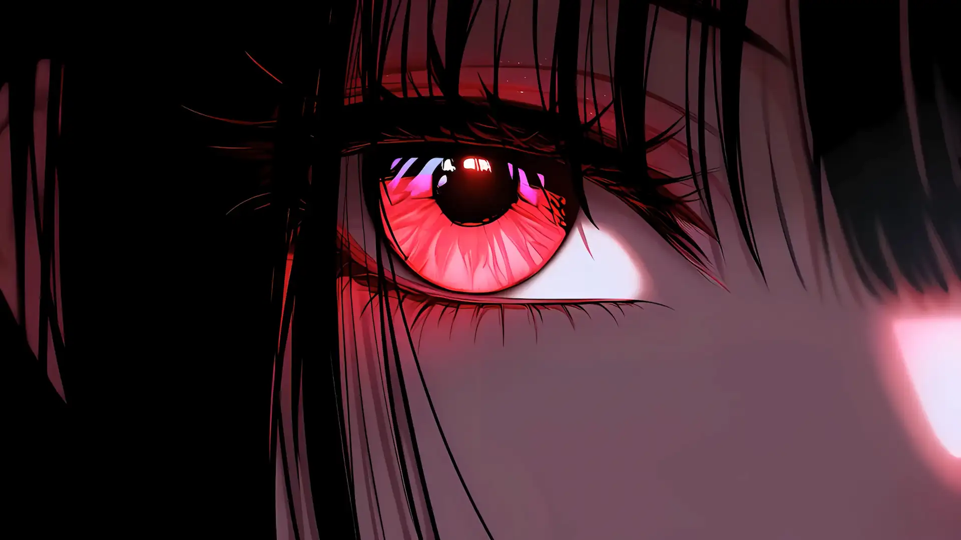 Anime girl close-up with a glowing red eye, dark hair, and dramatic crimson lighting live wallpaper