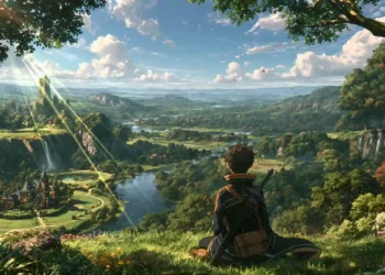 Anime Warrior Fantasy Landscape Live Wallpaper 1 Anime warrior with a sword overlooking a vast fantasy landscape with green valleys, rivers, waterfalls, forests, and distant castles live wallpaper