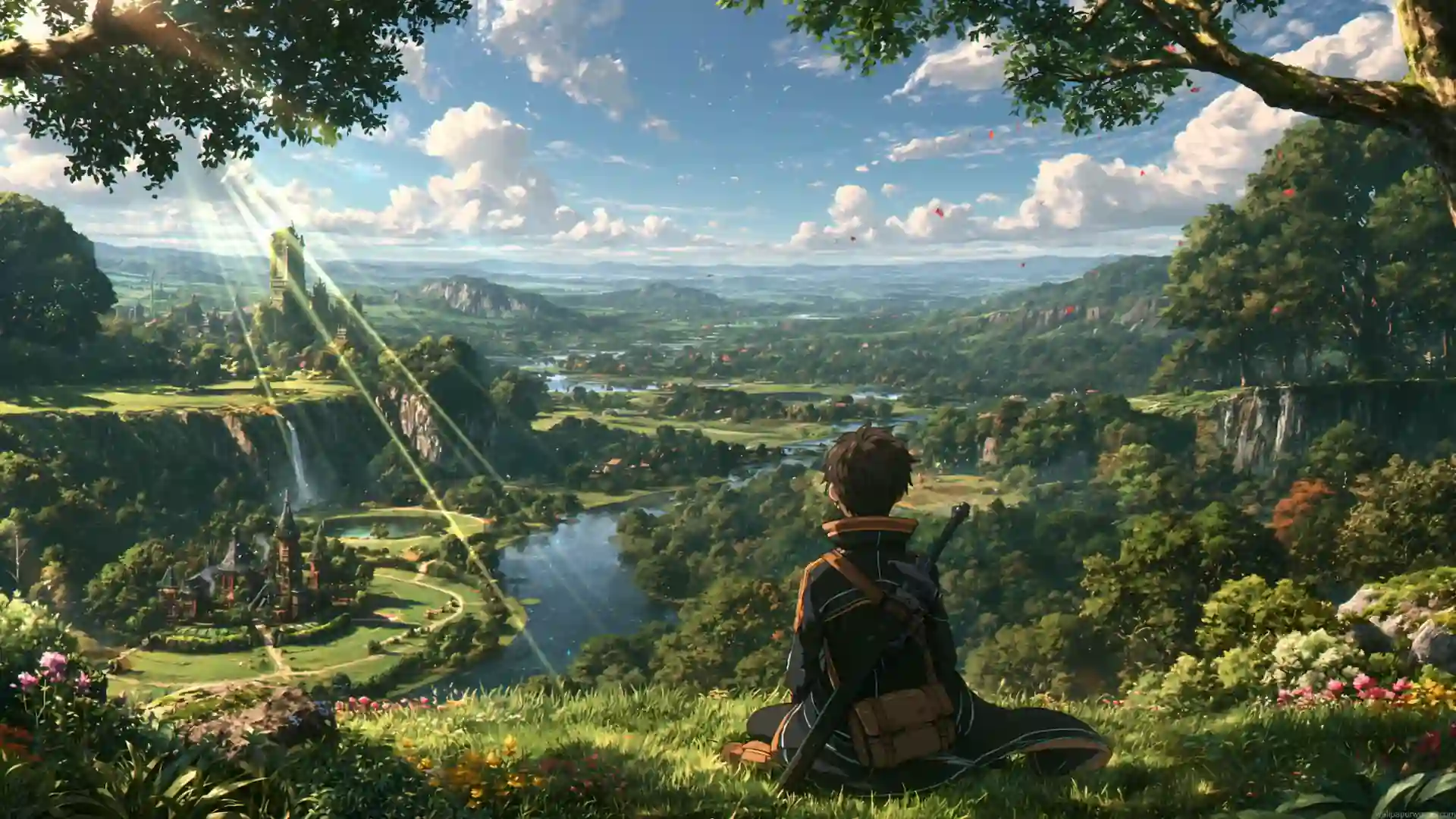 Anime warrior with a sword overlooking a vast fantasy landscape with green valleys, rivers, waterfalls, forests, and distant castles live wallpaper