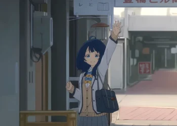 Anna Yanami from Makeine Too Many Losing Heroines smiling and waving goodbye on a quiet Japanese street, wearing a school uniform with a white cardigan, blue hair, and a shoulder bag in a peaceful anime live wallpaper