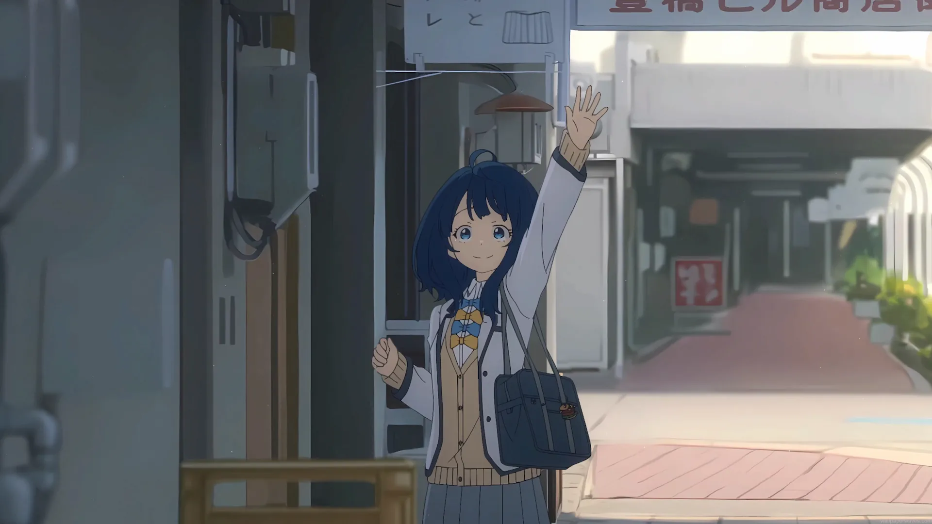 Anna Yanami from Makeine Too Many Losing Heroines smiling and waving goodbye on a quiet Japanese street, wearing a school uniform with a white cardigan, blue hair, and a shoulder bag in a peaceful anime live wallpaper