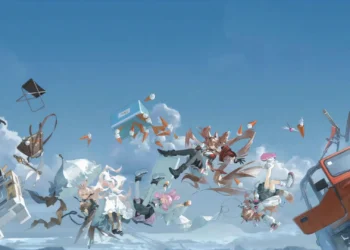 Arknights Girls Falling Through Sky Live Wallpaper 1 Arknights girls falling through a bright blue sky with floating objects, ice cream cones, equipment, and an orange vehicle live wallpaper