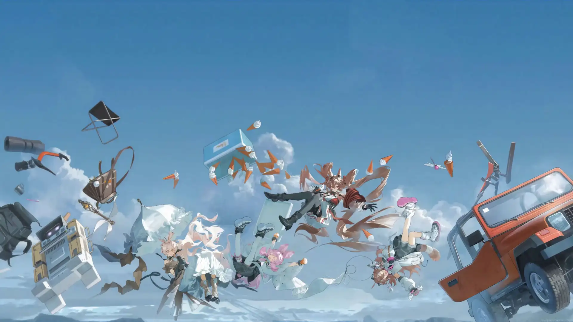 Arknights girls falling through a bright blue sky with floating objects, ice cream cones, equipment, and an orange vehicle live wallpaper