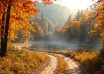 Autumn Forest Lake Scenic Nature Live Wallpaper 1 Scenic autumn forest lake surrounded by vibrant orange and golden trees, with a winding dirt pathway, misty mountains, falling leaves, and warm sunlight creating a peaceful fall nature live wallpaper