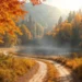 Autumn Forest Lake Scenic Nature Live Wallpaper 10 Scenic autumn forest lake surrounded by vibrant orange and golden trees, with a winding dirt pathway, misty mountains, falling leaves, and warm sunlight creating a peaceful fall nature live wallpaper