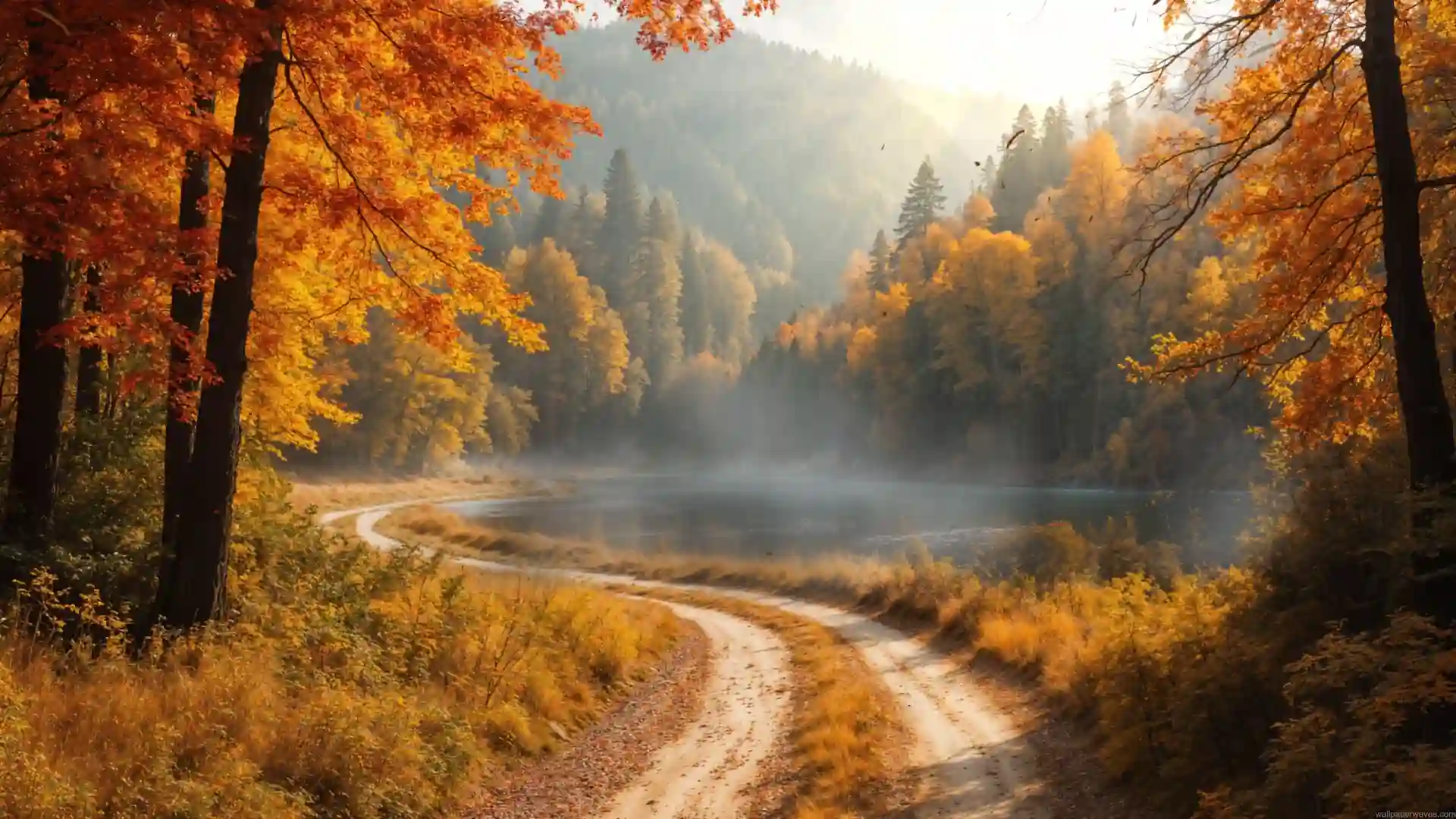 Scenic autumn forest lake surrounded by vibrant orange and golden trees, with a winding dirt pathway, misty mountains, falling leaves, and warm sunlight creating a peaceful fall nature live wallpaper