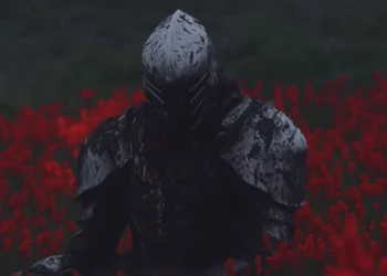 Black Armored Knight Red Flowers Live Wallpaper 1 Mysterious medieval knight wearing weathered black steel armor and a closed helmet sitting among vibrant red flowers in a dark, moody fantasy landscape in a QHD 2K live wallpaper.