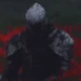 Mysterious medieval knight wearing weathered black steel armor and a closed helmet sitting among vibrant red flowers in a dark, moody fantasy landscape in a QHD 2K live wallpaper.