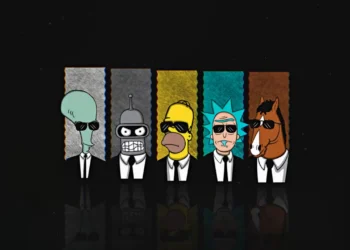 Cartoon Legends Men in Black Live Wallpaper 1 Roger, Bender, Homer Simpson, Rick Sanchez, and BoJack Horseman wearing black suits, ties, and sunglasses in a Men in Black-inspired lineup with colorful panels and a dark reflective background in a cartoon crossover live wallpaper