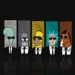 Cartoon Legends Men in Black Live Wallpaper 10 Roger, Bender, Homer Simpson, Rick Sanchez, and BoJack Horseman wearing black suits, ties, and sunglasses in a Men in Black-inspired lineup with colorful panels and a dark reflective background in a cartoon crossover live wallpaper