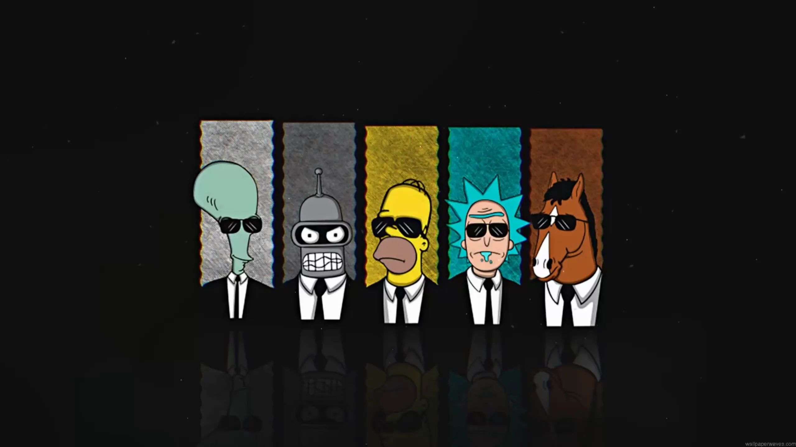 Roger, Bender, Homer Simpson, Rick Sanchez, and BoJack Horseman wearing black suits, ties, and sunglasses in a Men in Black-inspired lineup with colorful panels and a dark reflective background in a cartoon crossover live wallpaper