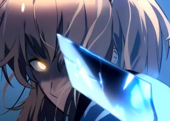Cha Hae-in Solo Leveling Live Wallpaper 1 Cha Hae-in from Solo Leveling anime in a dramatic close-up featuring blonde hair, a glowing golden eye, a mysterious smile, and a brilliant blue sword blade crossing her face with intense cyan lighting and dark shadows live wallpaper