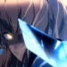 Cha Hae-in Solo Leveling Live Wallpaper 10 Cha Hae-in from Solo Leveling anime in a dramatic close-up featuring blonde hair, a glowing golden eye, a mysterious smile, and a brilliant blue sword blade crossing her face with intense cyan lighting and dark shadows live wallpaper