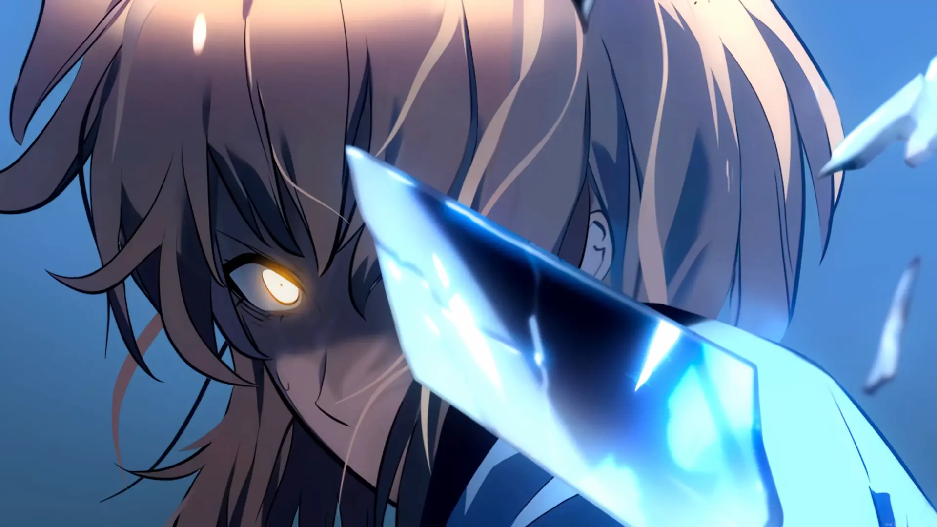 Cha Hae-in from Solo Leveling anime in a dramatic close-up featuring blonde hair, a glowing golden eye, a mysterious smile, and a brilliant blue sword blade crossing her face with intense cyan lighting and dark shadows live wallpaper
