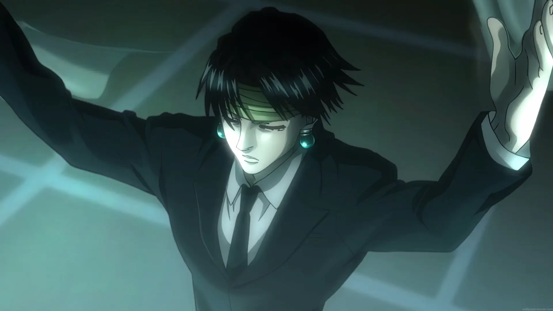 Chrollo Lucilfer from Hunter x Hunter wearing a black suit, forehead bandage, and turquoise earrings with arms outstretched under eerie green lighting in an anime live wallpaper.