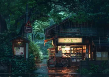 Cozy Japanese Store in Rain Live Wallpaper 2 Cozy Japanese convenience store glowing with warm lights during rainfall, surrounded by lush green forest trees, bicycles, Japanese street signs, and wet stone pavement in a 4K live wallpaper.
