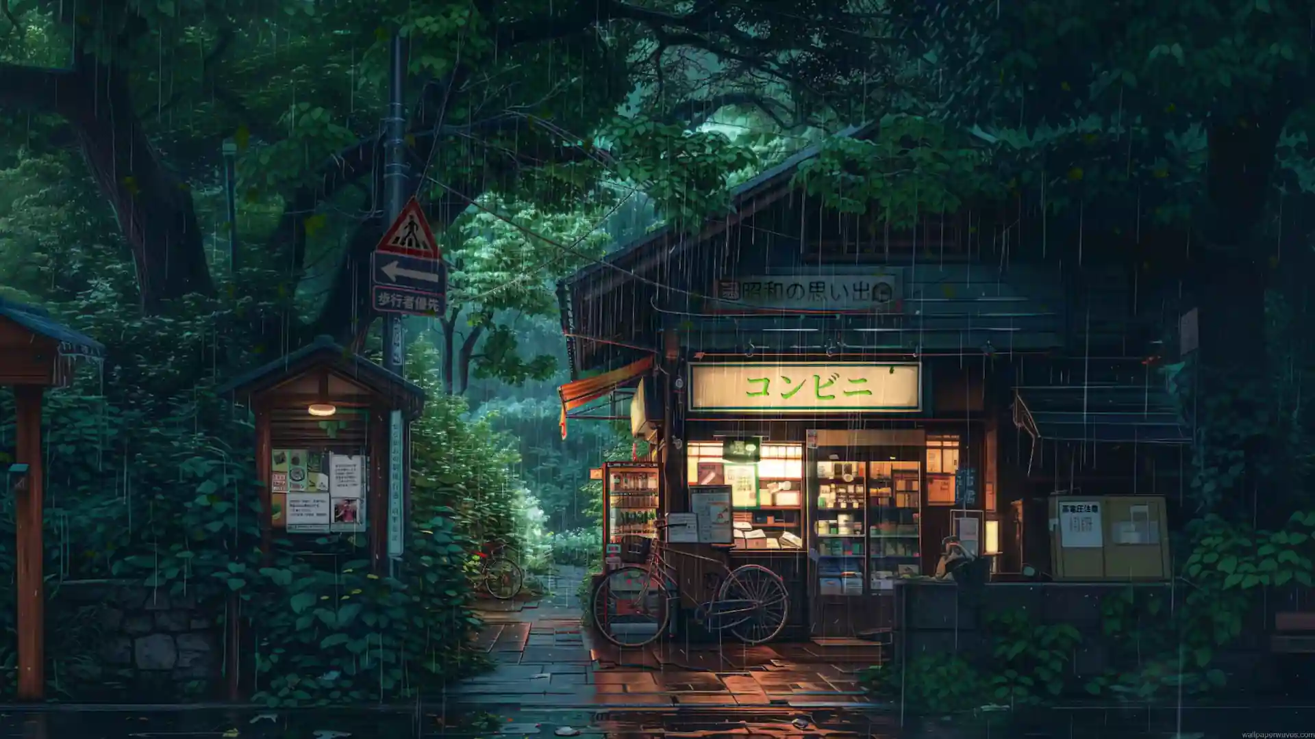 Cozy Japanese convenience store glowing with warm lights during rainfall, surrounded by lush green forest trees, bicycles, Japanese street signs, and wet stone pavement in a 4K live wallpaper.