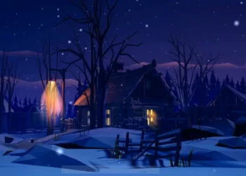 Cozy Winter Cabin Snowfall Live Wallpaper 2 Cozy wooden winter cabin glowing with warm golden window lights during gentle snowfall, surrounded by snow-covered hills, bare trees, wooden fences, a glowing streetlamp, and a deep blue starry night sky in a peaceful low-poly landscape live wallpaper