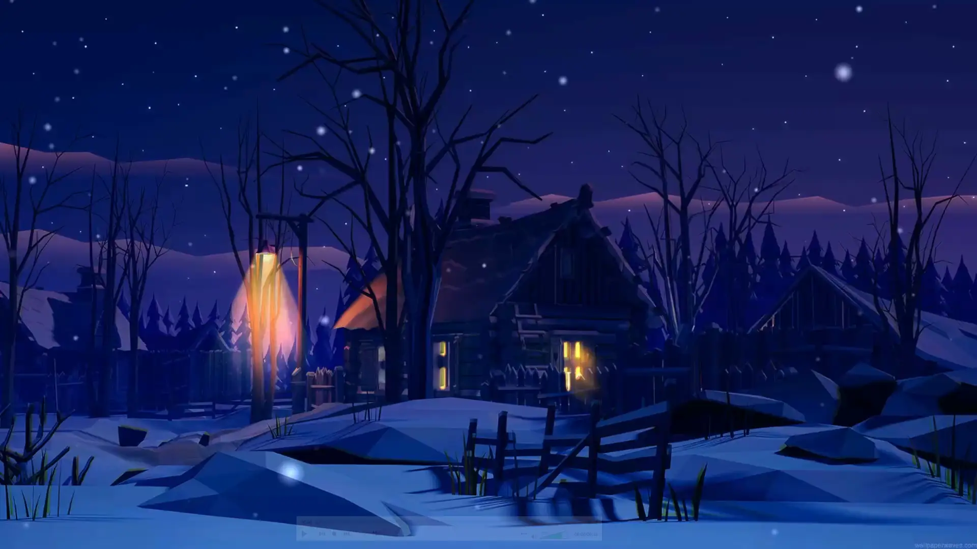 Cozy wooden winter cabin glowing with warm golden window lights during gentle snowfall, surrounded by snow-covered hills, bare trees, wooden fences, a glowing streetlamp, and a deep blue starry night sky in a peaceful low-poly landscape live wallpaper