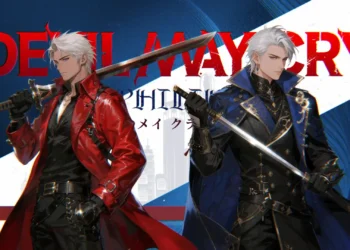 Dante and Vergil Devil May Cry Live Wallpaper 2 Dante in a red leather coat holding his sword beside Vergil in a blue coat wielding the Yamato katana against a bold Devil May Cry background in a 4K live wallpaper.
