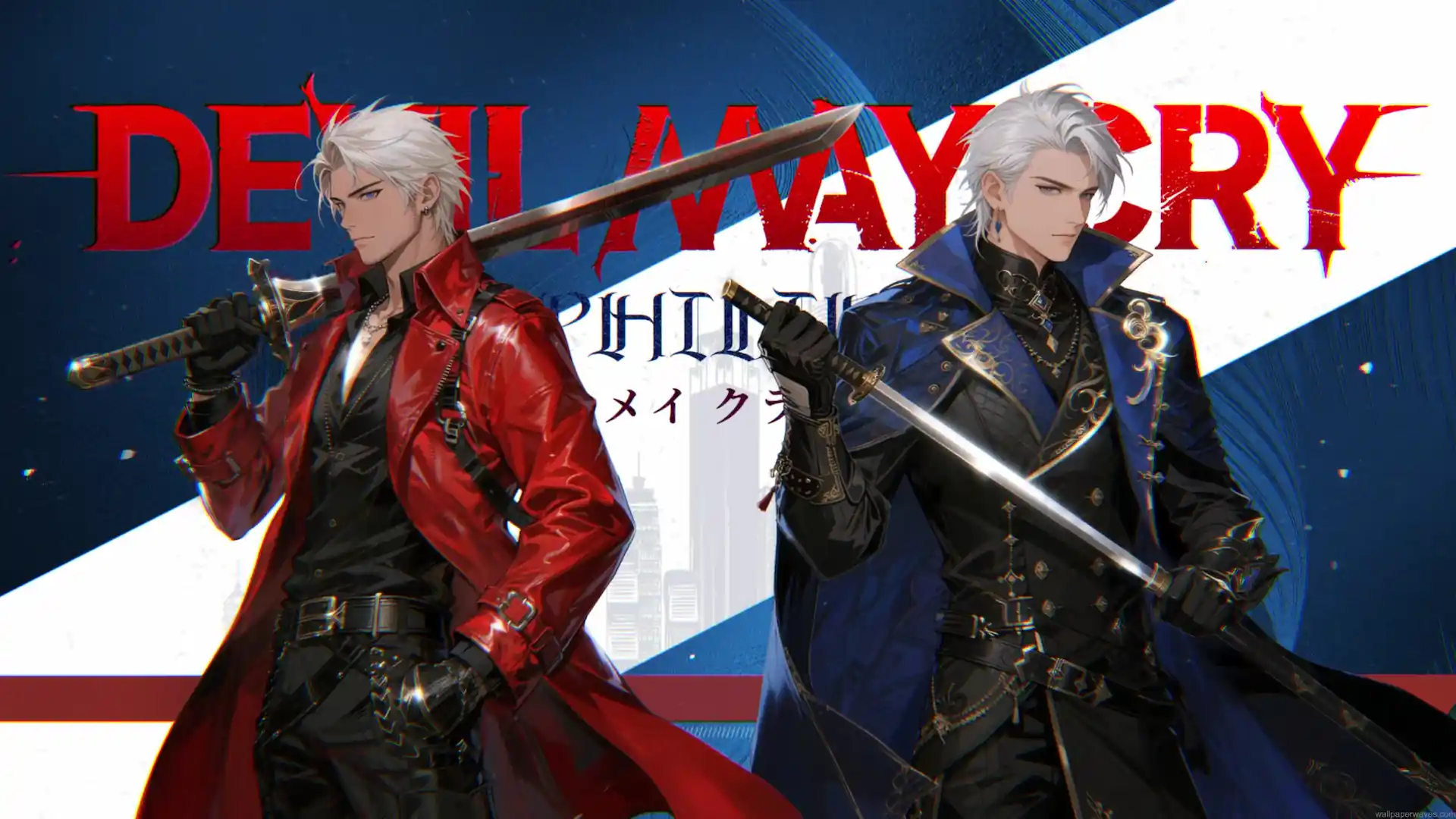 Dante in a red leather coat holding his sword beside Vergil in a blue coat wielding the Yamato katana against a bold Devil May Cry background in a 4K live wallpaper.