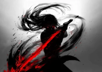 Mysterious dark anime warrior with flowing black hair, glowing red eyes, and a blazing crimson sword surrounded by swirling black ink brushstrokes and red sparks against a monochrome background live wallpaper