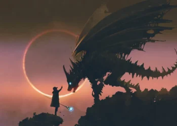 Dark Dragon and Warrior Solar Eclipse Live Wallpaper 1 Massive dark dragon with enormous black wings and a glowing blue eye facing a lone warrior holding a magical staff beneath a fiery solar eclipse, surrounded by rocky cliffs and a pink-orange twilight sky in a fantasy live wallpaper.