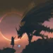 Dark Dragon and Warrior Solar Eclipse Live Wallpaper 10 Massive dark dragon with enormous black wings and a glowing blue eye facing a lone warrior holding a magical staff beneath a fiery solar eclipse, surrounded by rocky cliffs and a pink-orange twilight sky in a fantasy live wallpaper.