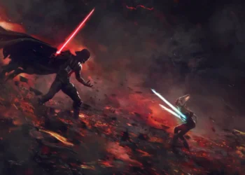 Darth Vader vs Ahsoka Tano Lightsaber Duel Live Wallpaper 1 Darth Vader battling Ahsoka Tano in an epic Star Wars lightsaber duel, featuring Vader with a glowing red lightsaber and flowing black cape facing Ahsoka wielding two white lightsabers amid fiery volcanic terrain, flying embers, smoke, and dramatic red lighting live wallpaper