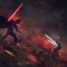 Darth Vader vs Ahsoka Tano Lightsaber Duel Live Wallpaper 10 Darth Vader battling Ahsoka Tano in an epic Star Wars lightsaber duel, featuring Vader with a glowing red lightsaber and flowing black cape facing Ahsoka wielding two white lightsabers amid fiery volcanic terrain, flying embers, smoke, and dramatic red lighting live wallpaper