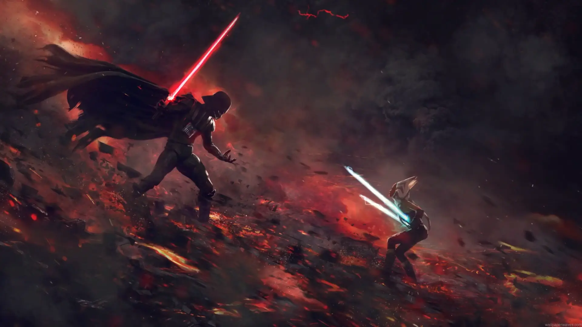 Darth Vader battling Ahsoka Tano in an epic Star Wars lightsaber duel, featuring Vader with a glowing red lightsaber and flowing black cape facing Ahsoka wielding two white lightsabers amid fiery volcanic terrain, flying embers, smoke, and dramatic red lighting live wallpaper