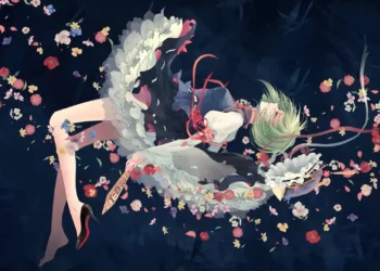 Eiki Shiki Touhou Project Floral Art Live Wallpaper 6 Eiki Shiki from Touhou Project floating in an elegant black-and-white frilled dress with flowing green hair, pink ribbons, colorful flowers, and scattered petals against a dark navy-blue background live wallpaper