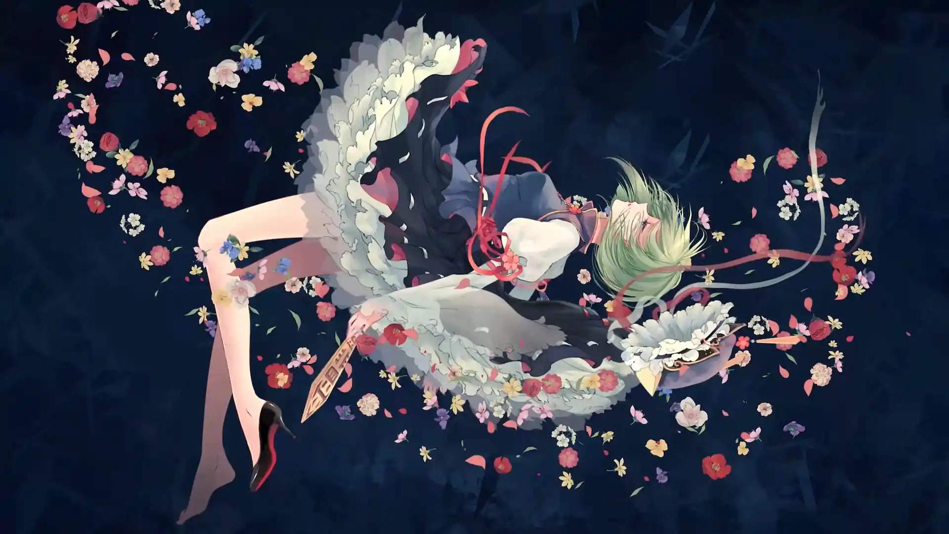 Eiki Shiki from Touhou Project floating in an elegant black-and-white frilled dress with flowing green hair, pink ribbons, colorful flowers, and scattered petals against a dark navy-blue background live wallpaper