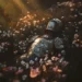 Fallen Knight in Flower Field Rain Live Wallpaper 10 Fallen medieval knight in engraved silver armor lying among pink and white wildflowers under gentle rainfall, illuminated by warm golden sunlight in a dark cinematic fantasy landscape live wallpaper