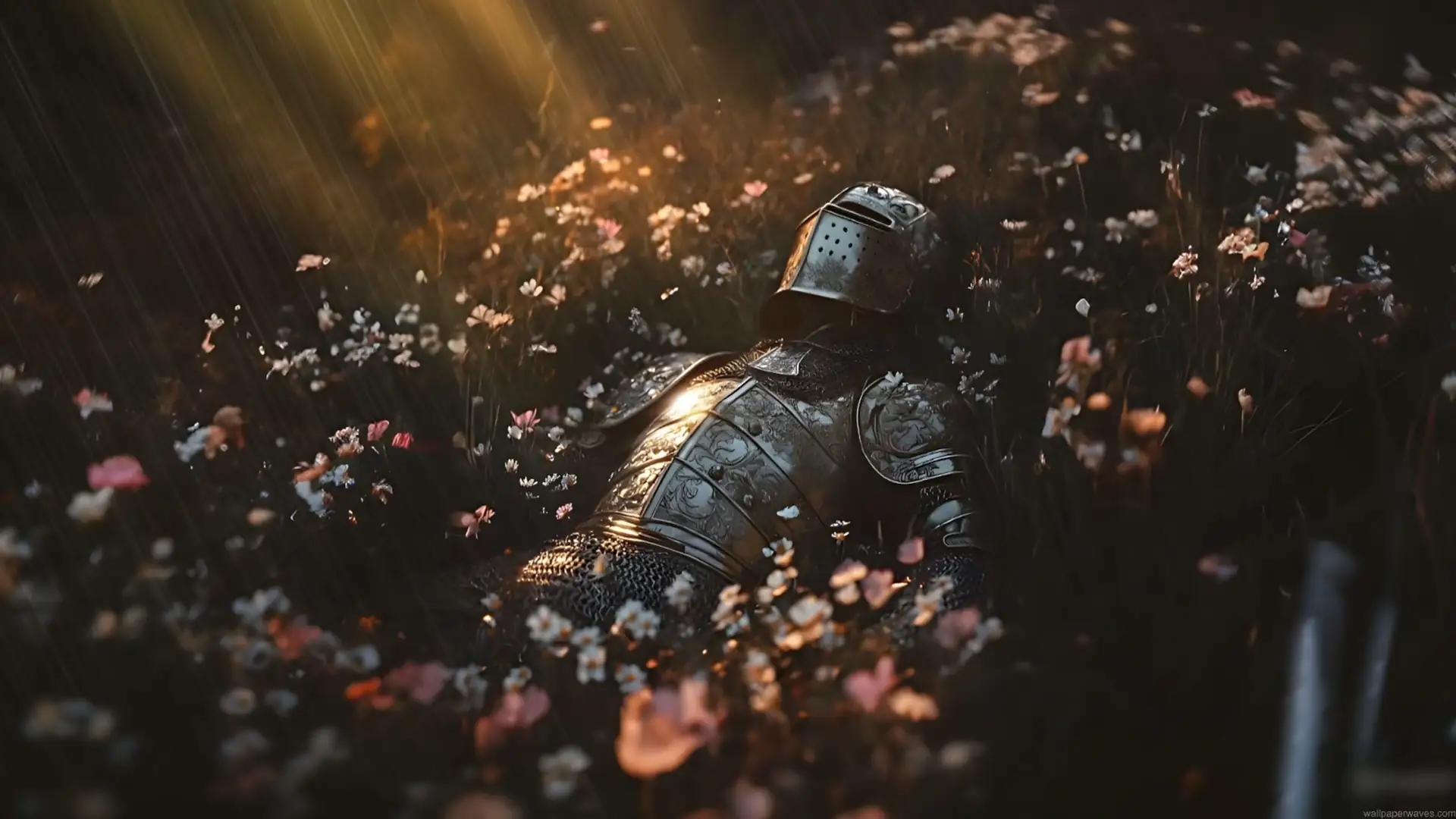 Fallen medieval knight in engraved silver armor lying among pink and white wildflowers under gentle rainfall, illuminated by warm golden sunlight in a dark cinematic fantasy landscape live wallpaper
