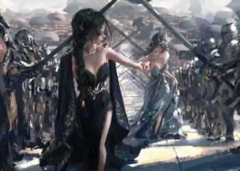 Fantasy Princess and Royal Guards Live Wallpaper 2 Two elegant fantasy princesses in black and silver-blue royal gowns walking between rows of armored royal guards in a medieval kingdom with soft sunlight in a 4K live wallpaper.