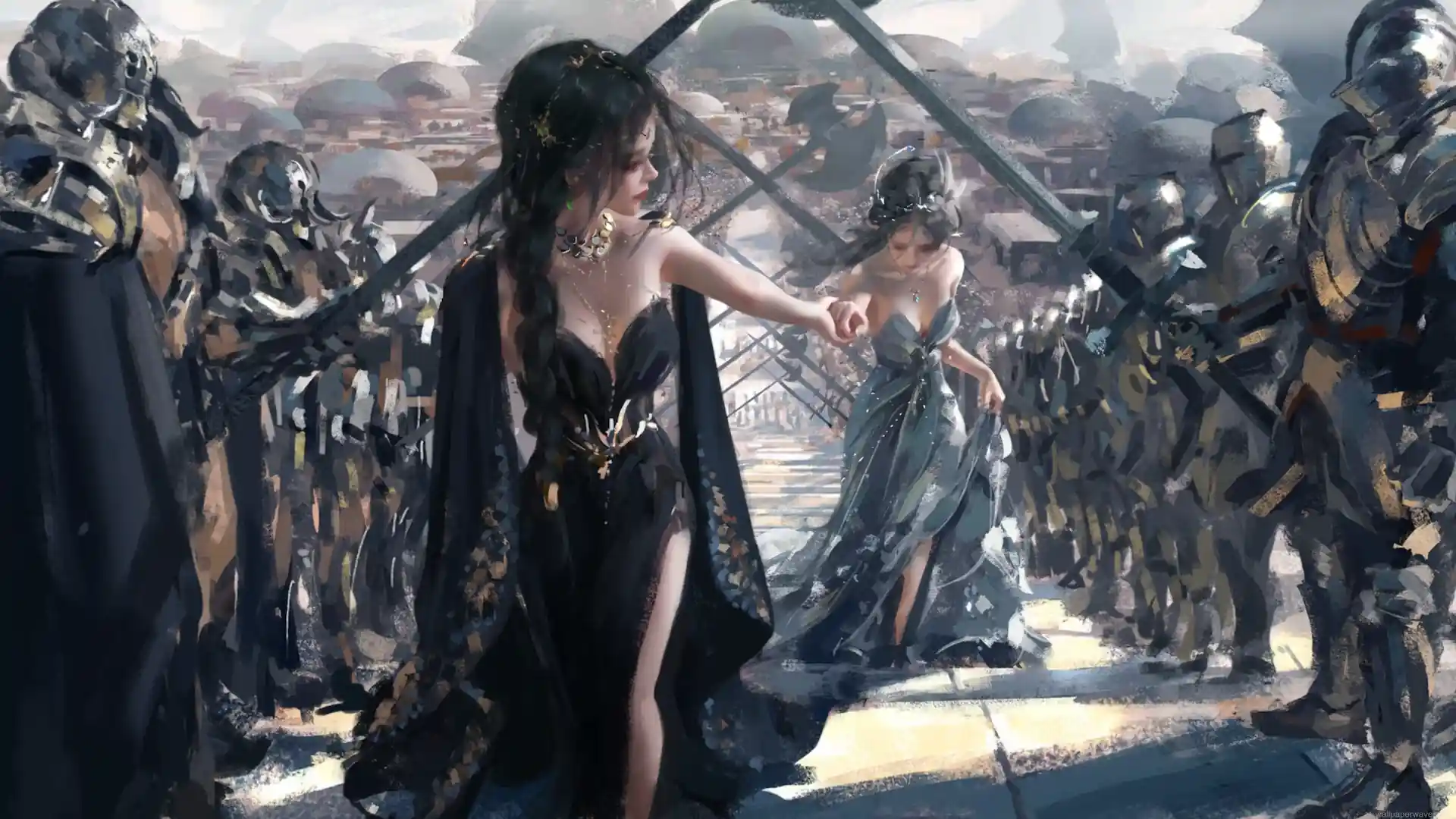 Two elegant fantasy princesses in black and silver-blue royal gowns walking between rows of armored royal guards in a medieval kingdom with soft sunlight in a 4K live wallpaper.