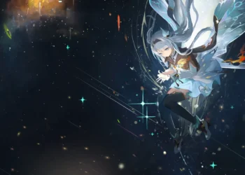 Firefly Honkai Star Rail Space Live Wallpaper 5 Firefly from Honkai Star Rail floating in a dark starry space with flowing silver hair, translucent blue butterfly-like wings, a glowing outfit, and sparkling turquoise stars in a 4K live wallpaper.