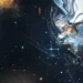Firefly Honkai Star Rail Space Live Wallpaper 10 Firefly from Honkai Star Rail floating in a dark starry space with flowing silver hair, translucent blue butterfly-like wings, a glowing outfit, and sparkling turquoise stars in a 4K live wallpaper.