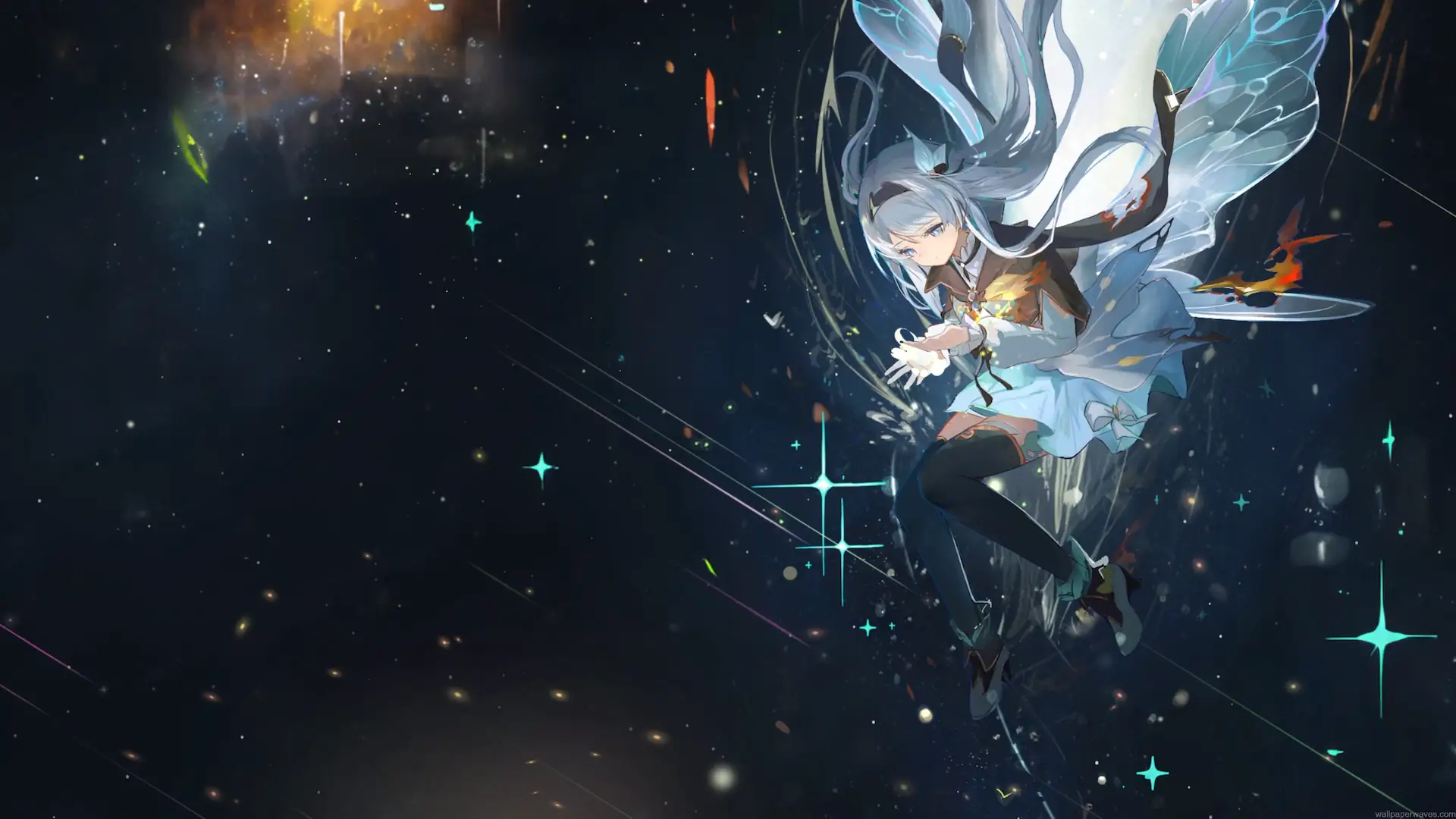 Firefly from Honkai Star Rail floating in a dark starry space with flowing silver hair, translucent blue butterfly-like wings, a glowing outfit, and sparkling turquoise stars in a 4K live wallpaper.