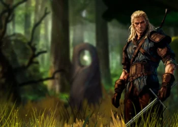 Geralt of Rivia Witcher Forest Live Wallpaper 6 Geralt of Rivia from The Witcher standing with his sword in a dark mysterious forest live wallpaper