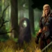 Geralt of Rivia from The Witcher standing with his sword in a dark mysterious forest live wallpaper
