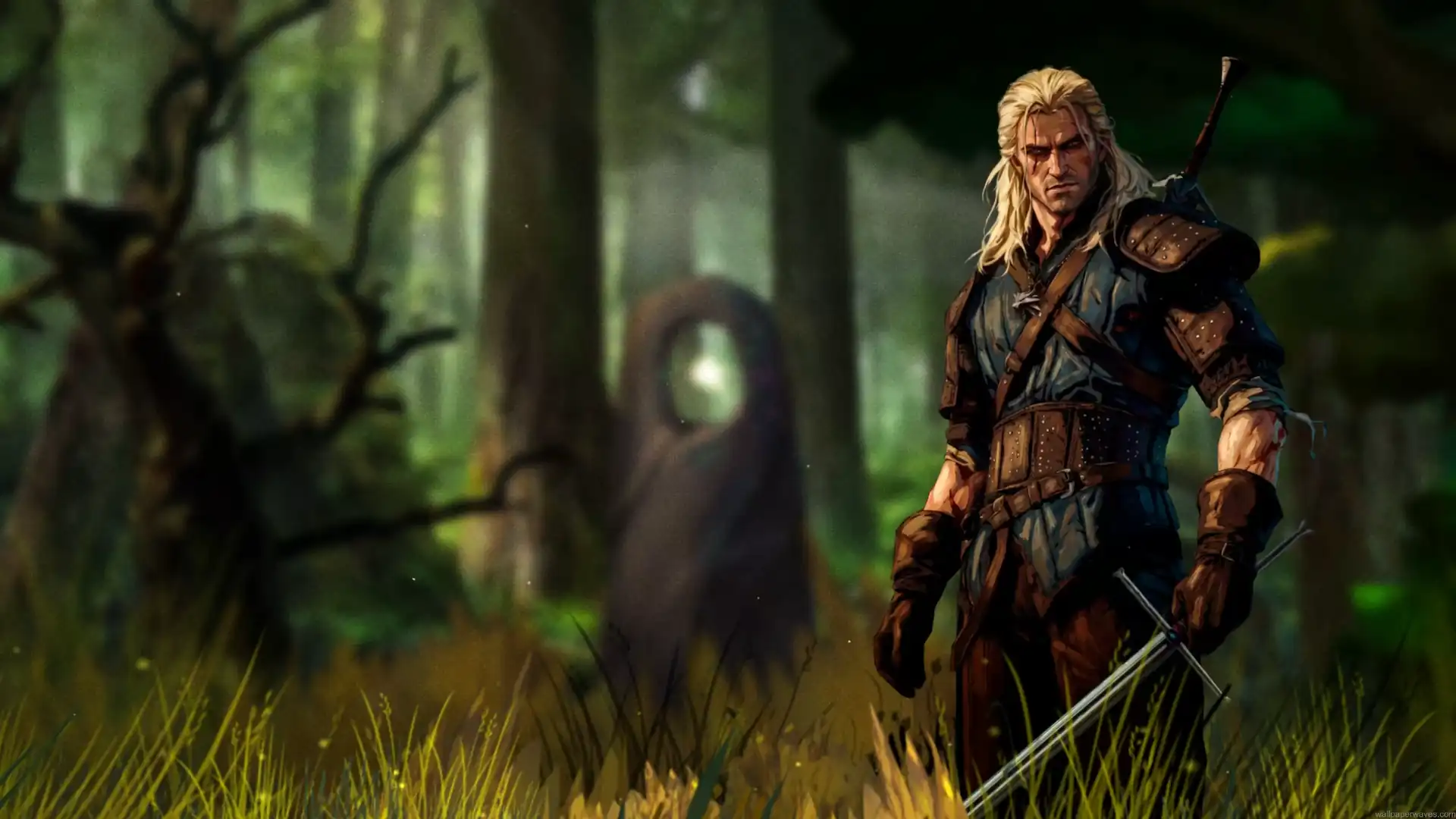 Geralt of Rivia from The Witcher standing with his sword in a dark mysterious forest live wallpaper