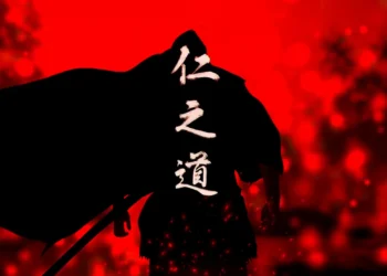 Ghost of Tsushima Samurai Silhouette Live Wallpaper 8 Ghost of Tsushima samurai silhouette wearing a flowing black cloak with Japanese characters on the back, holding a katana against a fiery red background with glowing embers in a 4K live wallpaper.