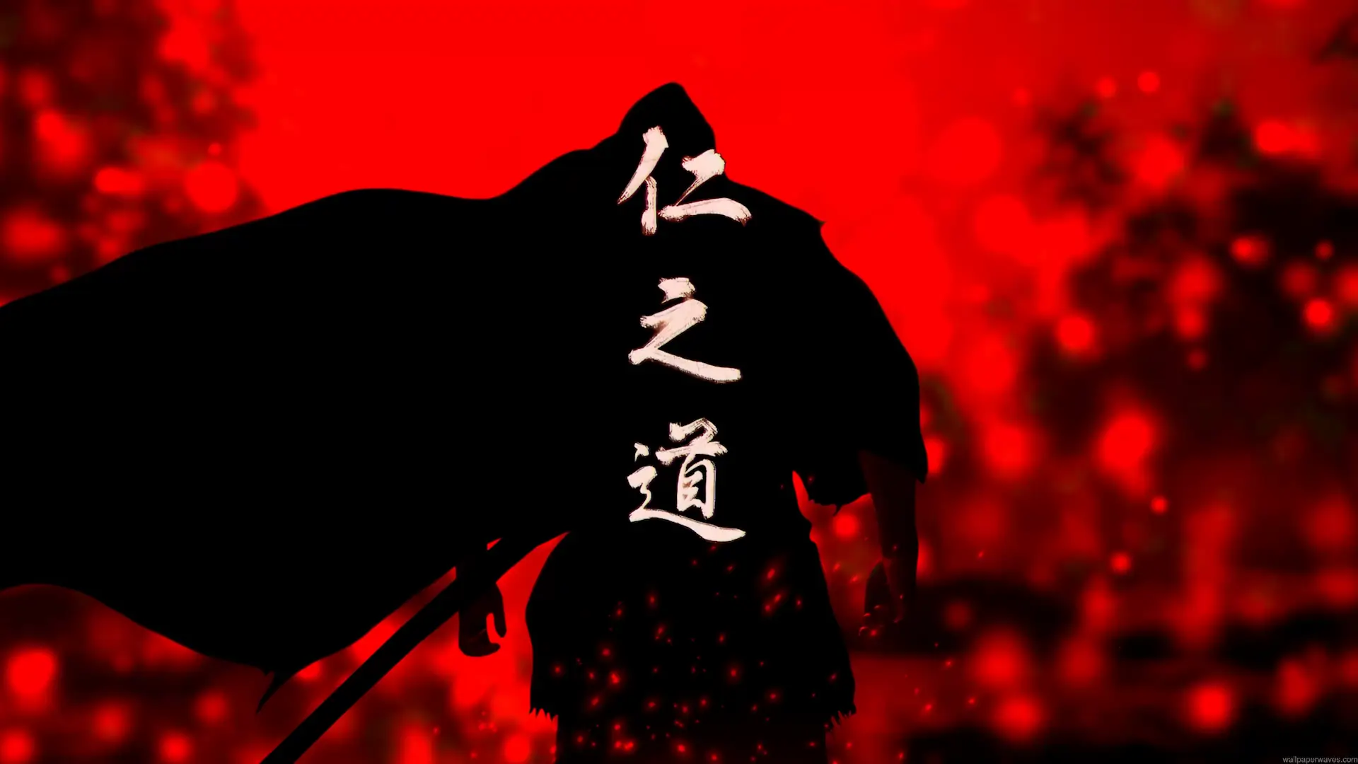 Ghost of Tsushima samurai silhouette wearing a flowing black cloak with Japanese characters on the back, holding a katana against a fiery red background with glowing embers in a 4K live wallpaper.