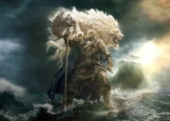 Godfrey the First Elden Lord wearing golden armor and holding a massive battle axe with the roaring white lion Serosh behind him amid stormy ocean waves and golden sunlight in an Elden Ring 4K live wallpaper.