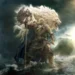Godfrey Elden Ring Lion Warrior Live Wallpaper 10 Godfrey the First Elden Lord wearing golden armor and holding a massive battle axe with the roaring white lion Serosh behind him amid stormy ocean waves and golden sunlight in an Elden Ring 4K live wallpaper.