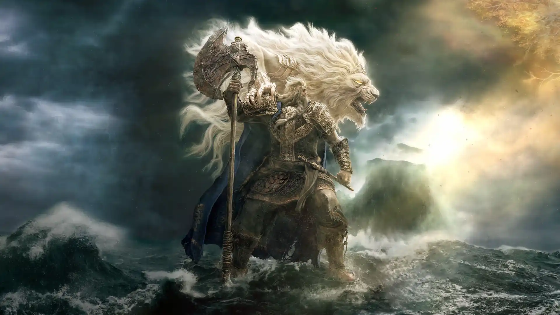 Godfrey the First Elden Lord wearing golden armor and holding a massive battle axe with the roaring white lion Serosh behind him amid stormy ocean waves and golden sunlight in an Elden Ring 4K live wallpaper.